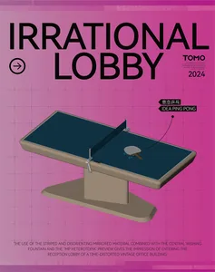 A conceptual rendering of a lobby with a ping pong table, designed with a pink background and a table installation.