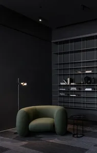 A minimalist modern interior with a green upholstered armchair and black shelving units.
