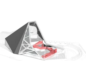 Modern pyramid-shaped interior design with glass walls and metallic framework.