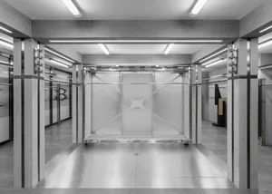 A modern office with metallic interior design, showcasing sleek and contemporary features.