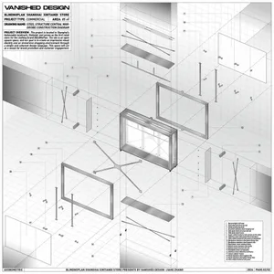An exploded view diagram of a modern interior design featuring a metal frame construction.