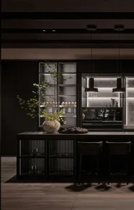 An elegant, minimalist kitchen with dark wood cabinetry, glass shelves, and metal accents.