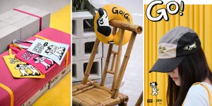 A collage of colorful design products featuring bags, hats, and a cushion with playful illustrations and bright accents.