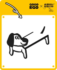 A minimalist cartoon of a dog lying on a white table with a black outline.