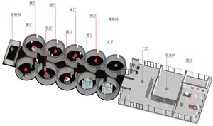 Floor plan of a modern exhibition hall with concrete and glass materials.