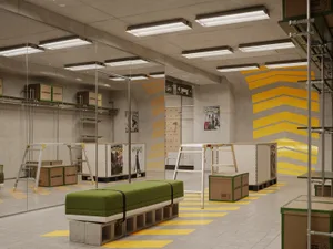 Modern retail store showcasing concrete, cardboard, and metal elements.