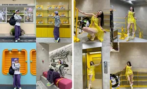 Multiple images of a vibrant retail interior featuring bright yellow accents and decorative elements.