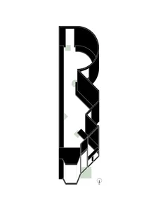 A modern architectural interior plan featuring black, white, and green elements.