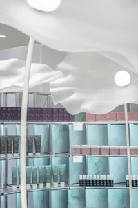 Glass shelves in a modern retail store interior