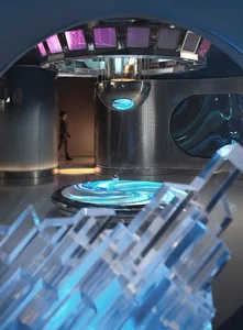 A modern laboratory interior featuring metallic and glass elements.