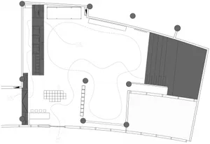 Modern architectural floor plan with minimalist design and black and white color scheme.