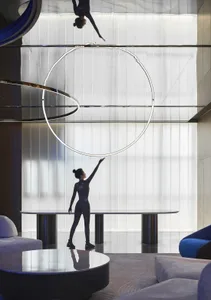 A modern interior space featuring metallic design elements.