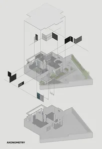 An isometric rendering of a multi-level interior space with various architectural elements and materials.