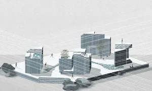 A 3D architectural rendering showcasing minimalist design with grey, black, and white color scheme and geometric lines.