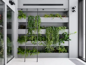 Metal ladder with various green plants attached to a grey wall.