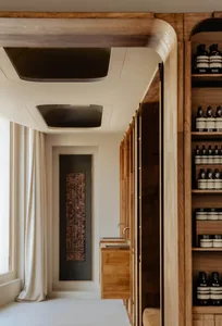 Modern spa interior with wooden walls and shelves.