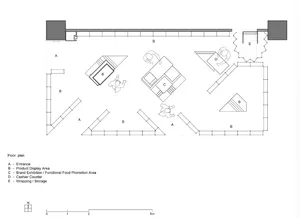 Floor plan depicting the layout of a retail store, showing functional zones like entrances, product displays, brand exhibitio