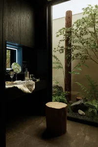 A modern bathroom featuring a wooden bench next to a glass wall with a tree and rocks inside.