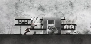 A modern house plan showing various levels with concrete elements and people.