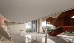 Modern interior design featuring futuristic room with concrete and wooden materials