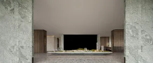 An architectural rendering showcasing a modern interior design with concrete, glass, and marble elements.