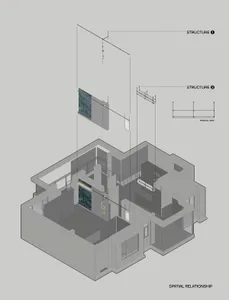 A shaded floor plan of a modern interior space with structural elements and a front wall view.