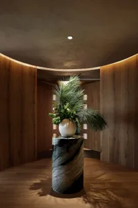 A modern interior space featuring a vase of greenery on a marble pedestal