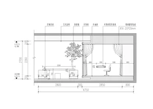 2D architectural plan of a modern office space with wooden furniture and a large window.