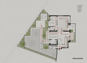 A technical drawing of a residential layout with labeled rooms and circulation paths.