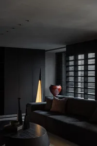 Modern living room with dark oak wood furniture and dark walls