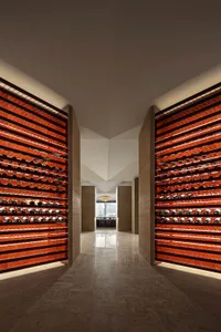 A modern interior design featuring a wine library with wooden shelves and glass display cases.