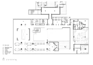 辦公大樓樓層平面圖的2D建築圖，採用混凝土材質