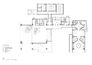 Floor plan of a restaurant showing various rooms and sections.