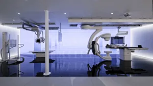 Medical imaging suite with a patient undergoing treatment and a modern design.