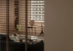 Modern minimalist living space featuring a glass block window.