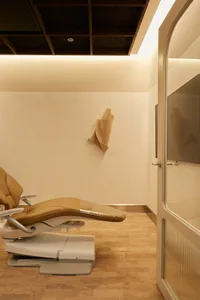 Modern dental office featuring a premium leather patient chair and minimalist design.