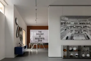 Contemporary interior space featuring a white room with a glass wall and minimalistic decor.