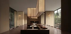 Modern office space featuring wooden furniture and decor.