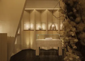 Modern retail jewelry store featuring glass display cases.