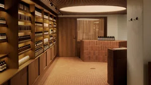 A modern retail storefront featuring exposed brick walls and wooden shelving.