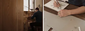 A person sketching in a wooden desk setting