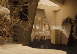 A modern retail space featuring wood, glass, and mixed materials.