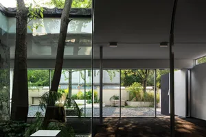 Modern interior design featuring glass walls and plants.