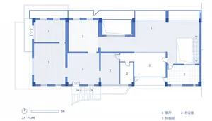 Blueprint floor plan of a residential living space with various rooms labeled 1-3.