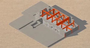 3D rendering of a building renovation project with a focus on the use of concrete material.
