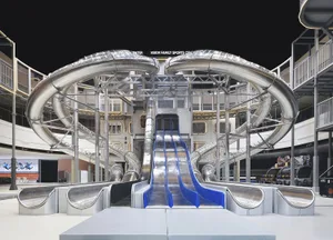 A large, indoor playground featuring a metal spiral slide and a series of tubes connected by a central structure.