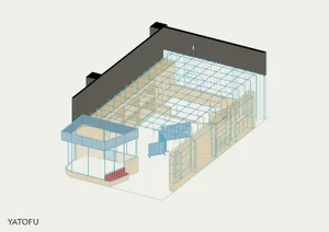 Unoccupied architectural space with a metallic grid structure