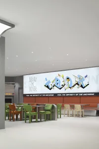 Contemporary food court with modern furniture, white floor, and concrete seating.