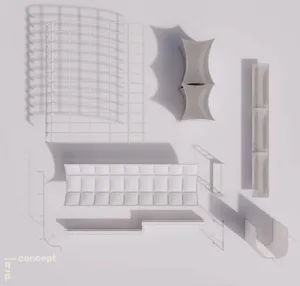 Modern interior design featuring metallic and concrete elements