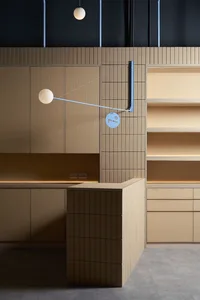 Modern minimalist restaurant interior with ceramic tiles